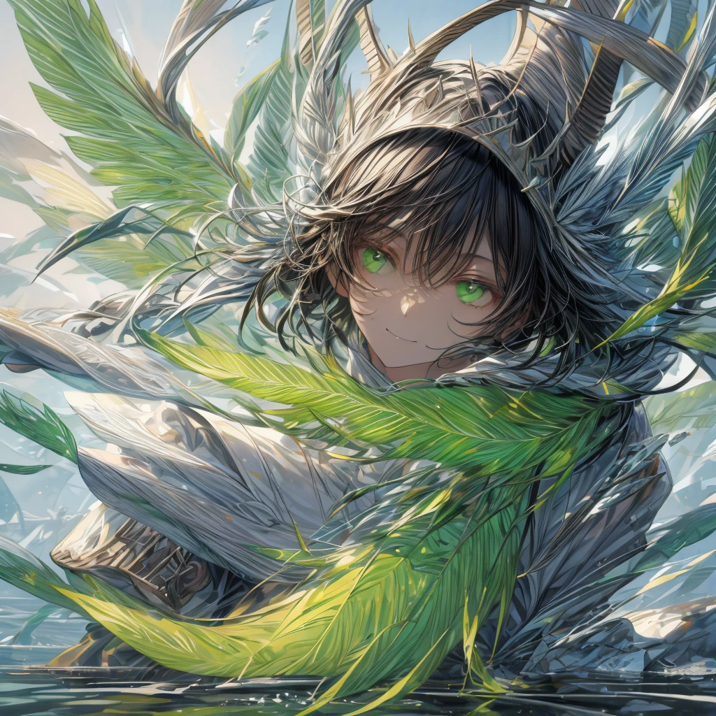 ((top-quality)), ((​masterpiece)), ((Ultra-detail)), (extremely delicate and beautiful), man with, solo, cold attitude,((king costume)),he is very(relax)with  the(Settled down)Looks,A black-haired, depth of fields,evil smile, feather, under the water, wings,bright light green eyes,Inner color with dark hair and light green tips,Cold background, short Hair - Linear Art, pants、White uniform like 、Light、Clothes are sheer 、elegant pose