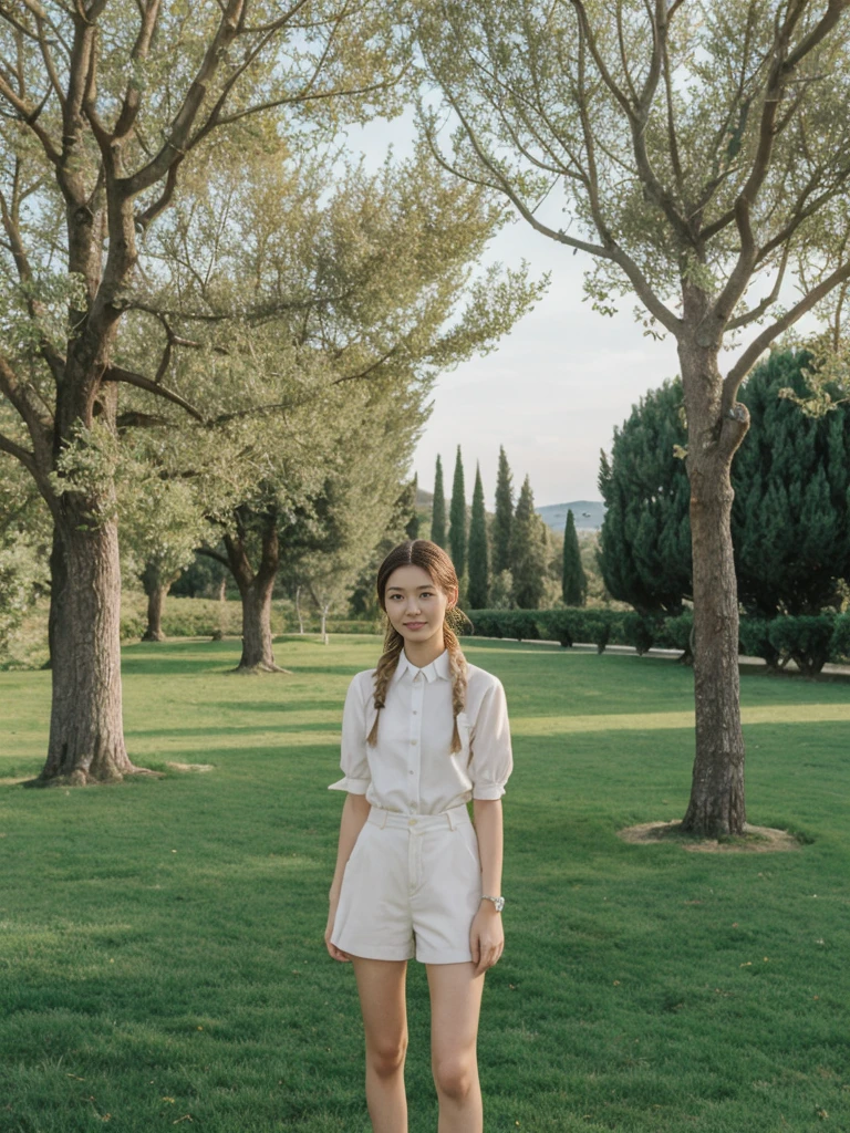 her name is Asako, high quality, 1girl, ((20-year-old fit Caucasian woman)), ((20 years old)), ((slim)), ((Fishtail Braid hair)), pose: standing, wearing unique stylish fashionable Generation-Z modern wear pastel colored, BACKGROUND:"In the Boboli Gardens, with manicured lawns, sculptures, and panoramic views of the Tuscan landscape."