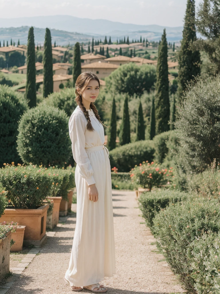 her name is Asako, high quality, 1girl, ((20-year-old fit Caucasian woman)), ((20 years old)), ((slim)), ((Fishtail Braid hair)), pose: standing, wearing unique stylish fashionable Generation-Z modern wear pastel colored, BACKGROUND:"In the Boboli Gardens, with manicured lawns, sculptures, and panoramic views of the Tuscan landscape."
