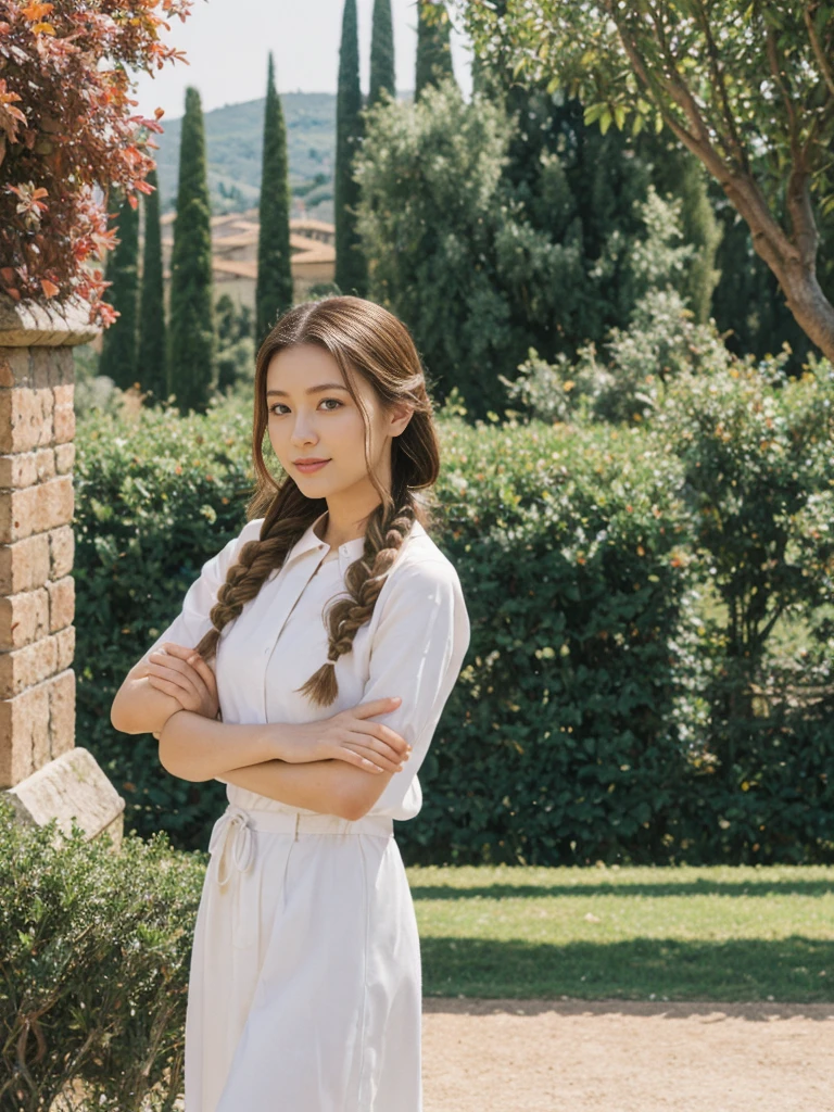 her name is Asako, high quality, 1girl, ((20-year-old fit Caucasian woman)), ((20 years old)), ((slim)), ((Fishtail Braid hair)), pose: standing, wearing unique stylish fashionable Generation-Z modern wear pastel colored, BACKGROUND:"In the Boboli Gardens, with manicured lawns, sculptures, and panoramic views of the Tuscan landscape."