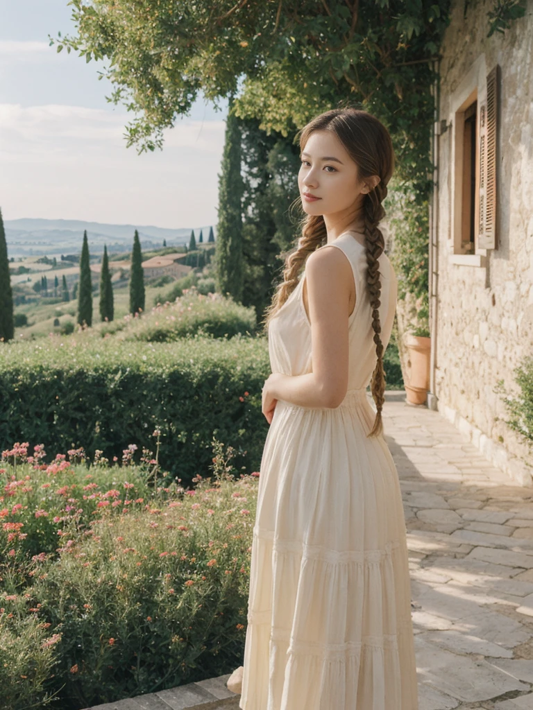 her name is Asako, high quality, 1girl, ((20-year-old fit Caucasian woman)), ((20 years old)), ((slim)), ((Fishtail Braid hair)), pose: standing, wearing unique stylish fashionable Generation-Z modern wear pastel colored, BACKGROUND:"In the Boboli Gardens, with manicured lawns, sculptures, and panoramic views of the Tuscan landscape."