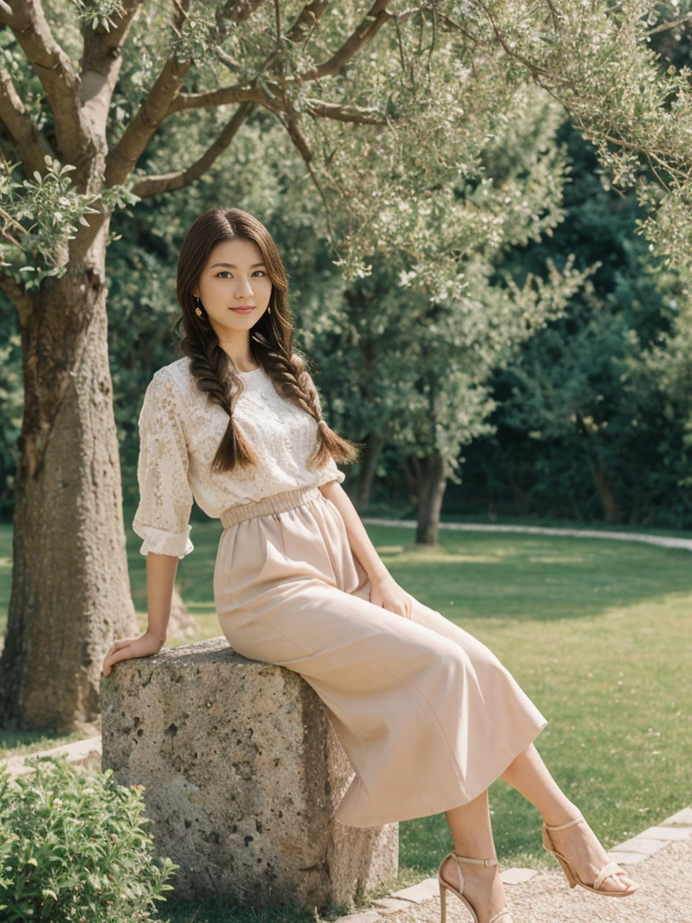 her name is Asako, high quality, 1girl, ((20-year-old fit Caucasian woman)), ((20 years old)), ((slim)), ((Fishtail Braid hair)), pose: standing, wearing unique stylish fashionable Generation-Z modern wear pastel colored, BACKGROUND:"In the Boboli Gardens, with manicured lawns, sculptures, and panoramic views of the Tuscan landscape."