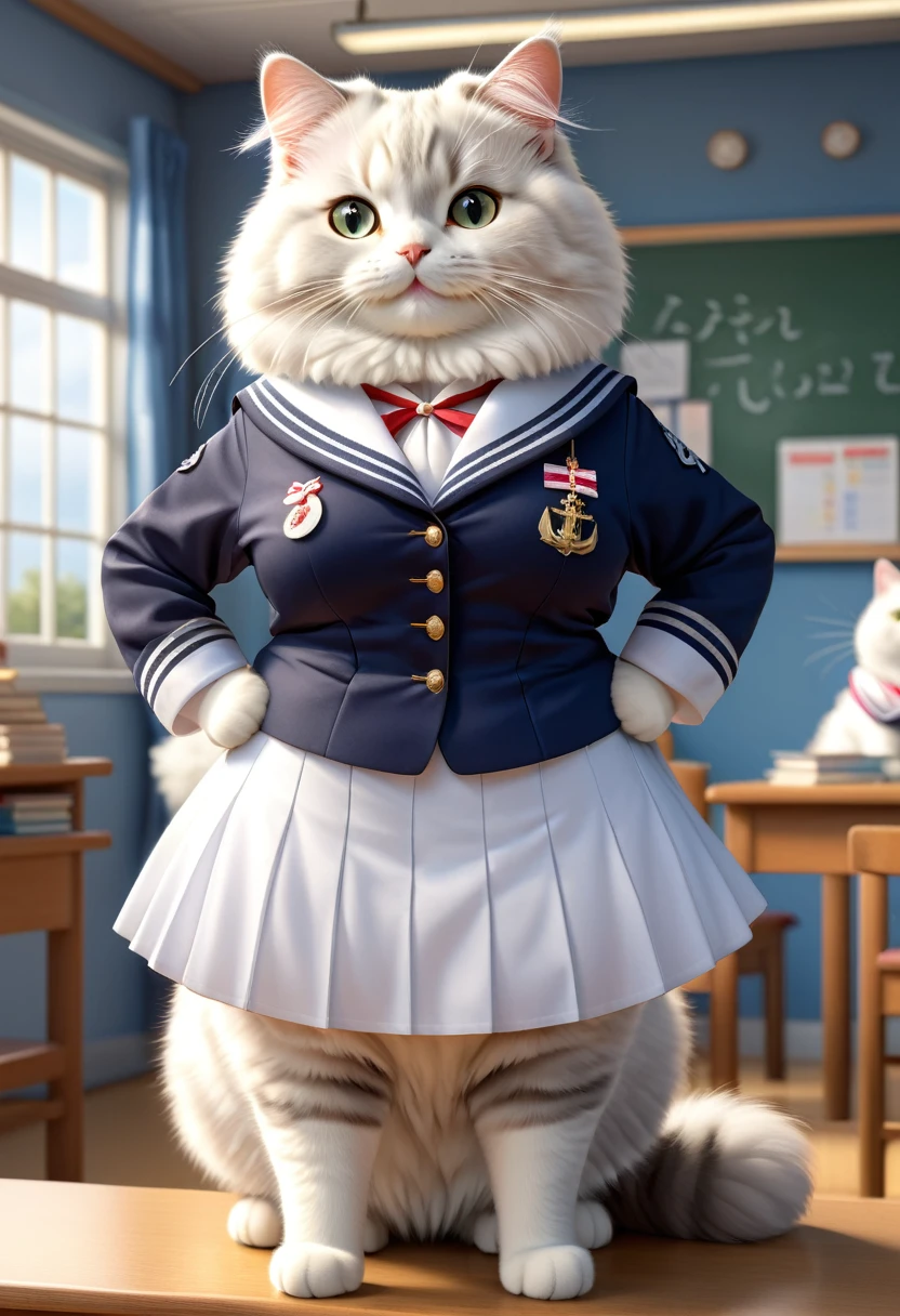  photorealistic portrait of Dressed animals-a ((fat)) ((angora cat)) student,(furry), (elegant pose:1.5), (hands on hips:1.5),(smile:1.5),high quality,(),(lovely) ,intricate details, Wearing Japanese sailor uniform , (), highly detailed ((female sailor uniform)) ,highly detailed clothes, high sox , (happy), soft lighting,(full body image:2.0),in classroom background,clouds,score_9, score_8_up, score_7_up, score_6_up, score_5_up, score_4_up,