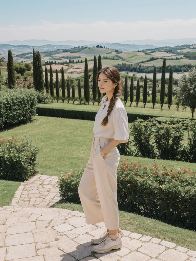 her name is Asako, high quality, 1girl, ((20-year-old fit Caucasian woman)), ((20 years old)), ((slim)), ((Fishtail Braid hair)), pose: standing, wearing unique stylish fashionable Generation-Z modern wear pastel colored, BACKGROUND:"In the Boboli Gardens, with manicured lawns, sculptures, and panoramic views of the Tuscan landscape."