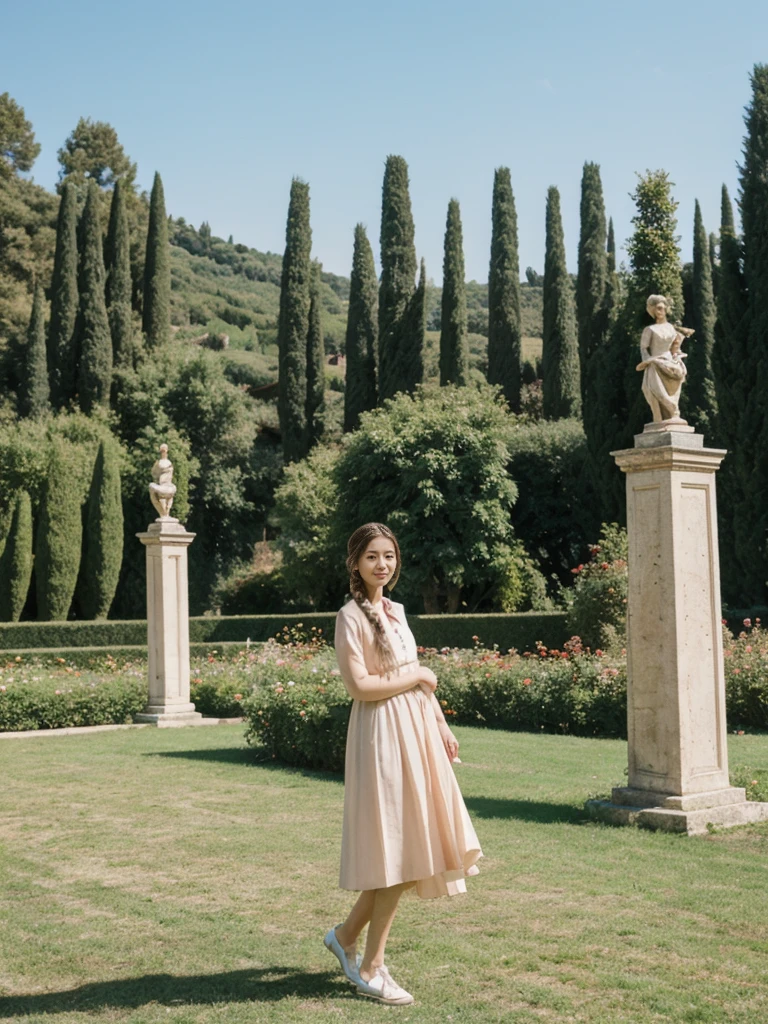 her name is Asako, high quality, 1girl, ((20-year-old fit Caucasian woman)), ((20 years old)), ((slim)), ((Fishtail Braid hair)), pose: standing, wearing unique stylish fashionable Generation-Z modern wear pastel colored, BACKGROUND:"In the Boboli Gardens, with manicured lawns, sculptures, and panoramic views of the Tuscan landscape."