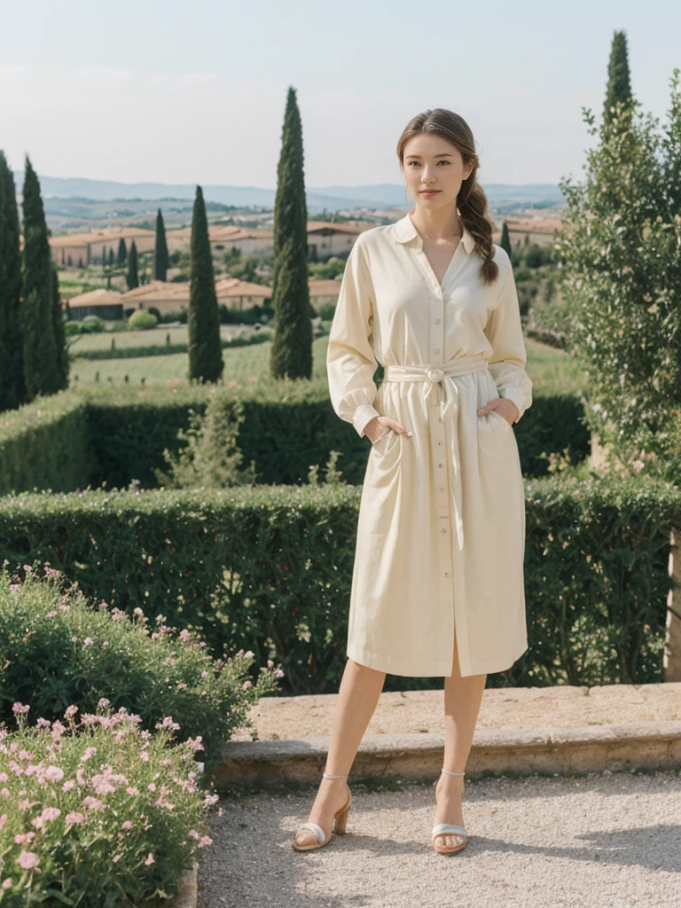 her name is Asako, high quality, 1girl, ((20-year-old fit Caucasian woman)), ((20 years old)), ((slim)), ((Fishtail Braid hair)), pose: standing, wearing unique stylish fashionable Generation-Z modern wear pastel colored, BACKGROUND:"In the Boboli Gardens, with manicured lawns, sculptures, and panoramic views of the Tuscan landscape."