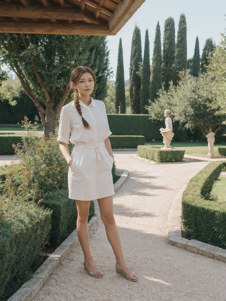 her name is Asako, high quality, 1girl, ((20-year-old fit Caucasian woman)), ((20 years old)), ((slim)), ((Fishtail Braid hair)), pose: standing, wearing unique stylish fashionable Generation-Z modern wear pastel colored, BACKGROUND:"In the Boboli Gardens, with manicured lawns, sculptures, and panoramic views of the Tuscan landscape."