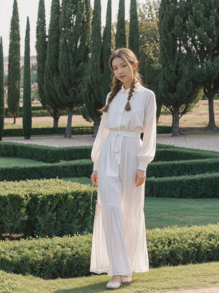 her name is Asako, high quality, 1girl, ((20-year-old fit Caucasian woman)), ((20 years old)), ((slim)), ((Fishtail Braid hair)), pose: standing, wearing unique stylish fashionable Generation-Z modern wear pastel colored, BACKGROUND:"In the Boboli Gardens, with manicured lawns, sculptures, and panoramic views of the Tuscan landscape."