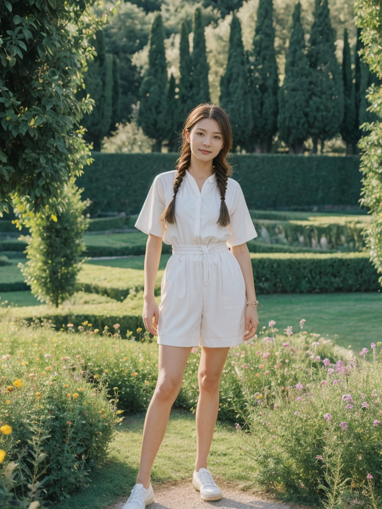 her name is Asako, high quality, 1girl, ((20-year-old fit Caucasian woman)), ((20 years old)), ((slim)), ((Fishtail Braid hair)), pose: standing, wearing unique stylish fashionable Generation-Z modern wear pastel colored, BACKGROUND:"In the Boboli Gardens, with manicured lawns, sculptures, and panoramic views of the Tuscan landscape."