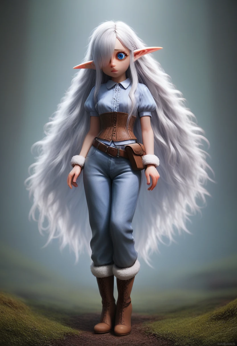 ((Best Quality)), (Masterpiece)), (Details: 1.4), Absurd Resolution, High Resolution, (Masterpiece: 1.4), Ultra Detailed, detailed gnome girl with pale skin, short stature, very long waist length silver hair that curls at the ends, covering one eye, with small breasts, pouty lips, and bright blue anime-style eyes with long lashes, wearing a corset, white puffy long sleeved shirt, and puffy cloth pants, leather bound boots, set in a windy fantasy landscape, (best quality,4k,8k,highres,masterpiece:1.2),ultra-detailed, dungeons and dragons, long elf ears, small girl, detailed skin and cloth textures, cute detailed face, intricate details, extremely detailed, 1girl, dynamic pose with hair covering one eye, shy personality, puffy cloth pants with leather belt, detailed privateer outfit, detailed buccaneer outfit, pouch on belt, wearing ornate leather armor with fur trim, silver inlay detail, wearing fur trimmed boots, wearing fur trimmed gloves, short, short height, halfing girl, small girl, very long detailed flowing hair, big head, big round eyes, windy, wind blown hair