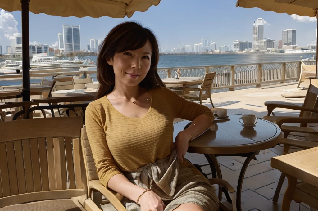 ((Highest quality)), ((8K)), ((masterpiece: 1.3)), (Perfect appearance), (Photorealism: 1.6), (JMA), (AIF), (One Japanese Mature), (Mature woman relaxing on the cafe terrace),