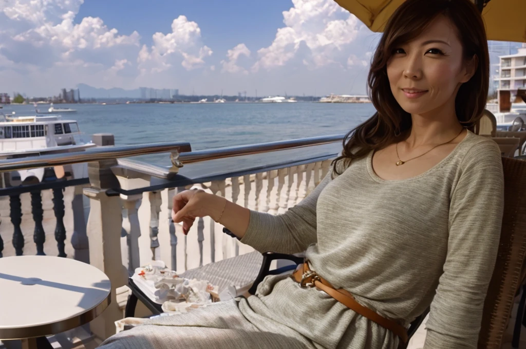 ((Highest quality)), ((8K)), ((masterpiece: 1.3)), (Perfect appearance), (Photorealism: 1.6), (JMA), (AIF), (One Japanese Mature), (Mature woman relaxing on the cafe terrace),