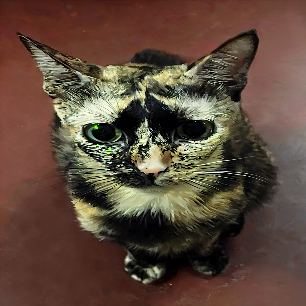 there is a cat that is sitting on the floor looking at the camera, calico, calico cat, frontal portrait, she is facing the camera, front portrait, markings on her face, she is about 1 6 , frontal pose, years old, photo of a cat, looking towards the camera, she has elf ears and gold eyes, female looking, mottled coloring