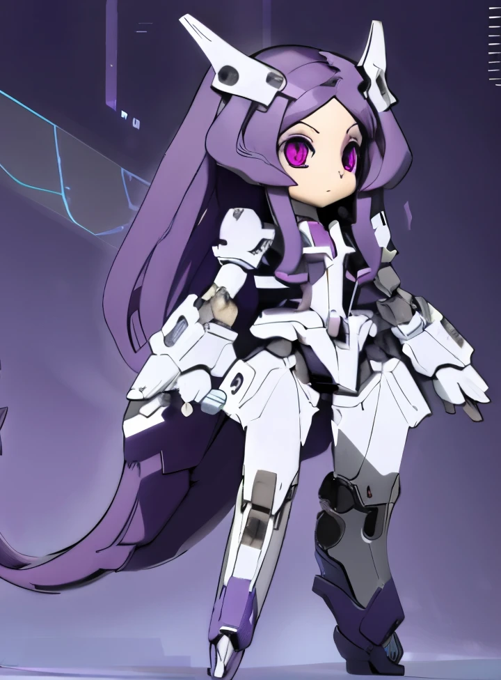girl, long curly purple hair, purple eyes, purple mech suit, space background,full body