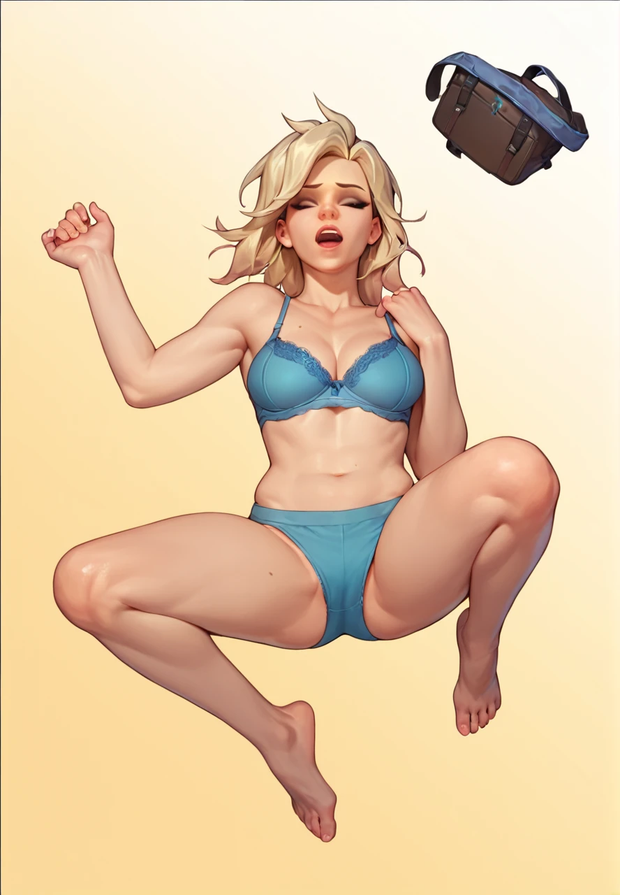 score_9,score_8_up,score_7_up,score_6_up ,source_overwatch score_9, score_8_up, score_7_up, 1woman, solo, mercy \(overwatch\), high quality,open hair long hair, blue bra, blue panty, hand in pants, ecstasy face, open mouth