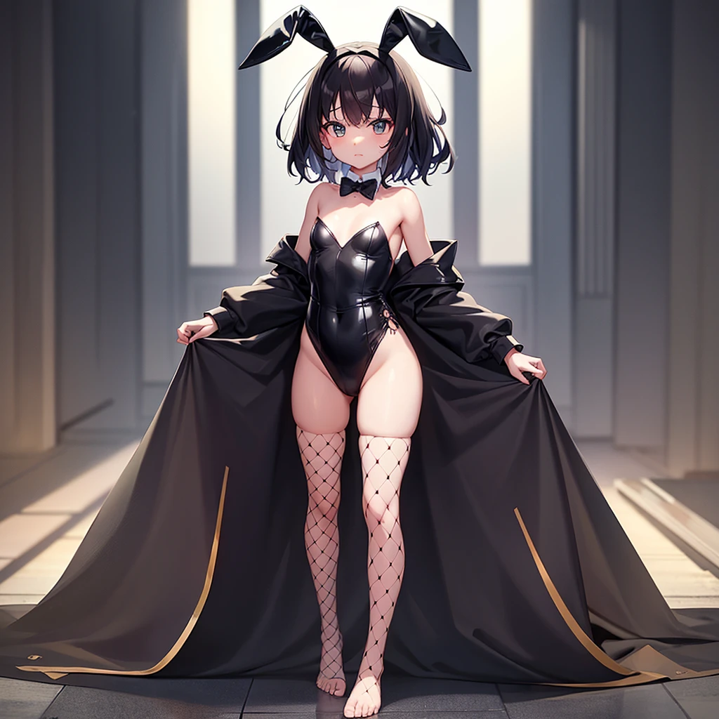 (Bunny girl),(Fishnet tights),(barefoot),Naked,Cute little ,Tiny ,Small girl,,Childish face, Very fine clean face,Top quality,Black Hair,(Dark Room), Subtle light, Natural light,Soft lighting,Light from directly behind, (Are standing),With bust up,Front view,Black background