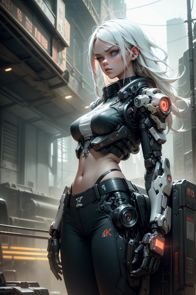1 girl, white hair, blue eyes, high-tech bra, midriff exposed, mechanical battle arms, pants, high-tech sneakers, serious pose, robot mecha background, (best quality,4k,8k,highres,masterpiece:1.2),ultra-detailed,(realistic,photorealistic,photo-realistic:1.37),extremely detailed eyes and face,longeyelashes,intricate mechanical details,glowing neon highlights,dynamic lighting,cinematic composition,dystopian sci-fi,moody atmosphere,vibrant colors