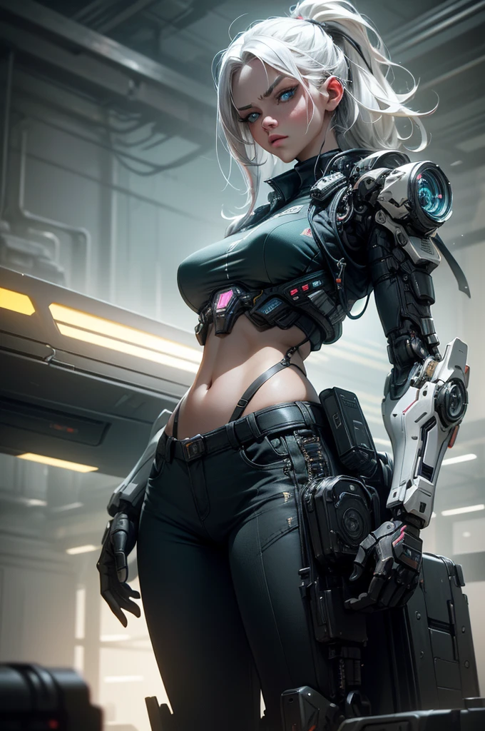 1 girl, white hair, blue eyes, high-tech bra, midriff exposed, mechanical battle arms, pants, high-tech sneakers, serious pose, robot mecha background, (best quality,4k,8k,highres,masterpiece:1.2),ultra-detailed,(realistic,photorealistic,photo-realistic:1.37),extremely detailed eyes and face,longeyelashes,intricate mechanical details,glowing neon highlights,dynamic lighting,cinematic composition,dystopian sci-fi,moody atmosphere,vibrant colors