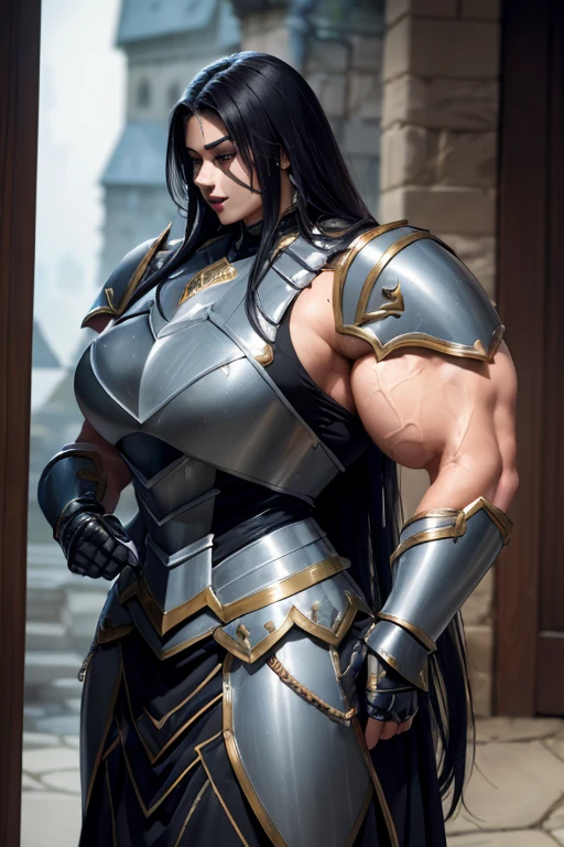 ((((Massive, tall, beautiful, buff, muscular brown skinned female gladiator with black hair, ginormous bulky muscles, holding a sword and shield and wearing an all black gleaming gladiator armor and pleated skirt)))), (close view), black eyeliner, massive muscles, massive biceps, hyper muscle triceps, (long straight hair), orange eyes, gladiator boots, In a Roman city, steel gladiator armor, armor breastplate, nighttime, confident smile, (hyper muscles arms), hyper muscle legs, (ginormous arms)