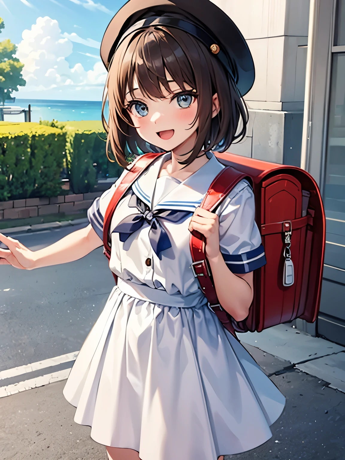 1girl,high school girl, y.o, tall height body, summer dress, day, blush, smile, brown hair, blue eyes, eyebrows visible through hair, puffy sleeves, bag, brown hair, grey headwear, medium hair, randoseru, looking at viewer, short sleeves, backpack, :d, open mouth, short hair, long hair, smile, standing white dress, sailor dress, blue shirt, collared shirt, sailor collar, puffy short sleeves, beret, white headwear, sailor hat, neck ribbon, black neckwear, striped neckwear, buttons, masterpiece, best quality, standing, outdoor