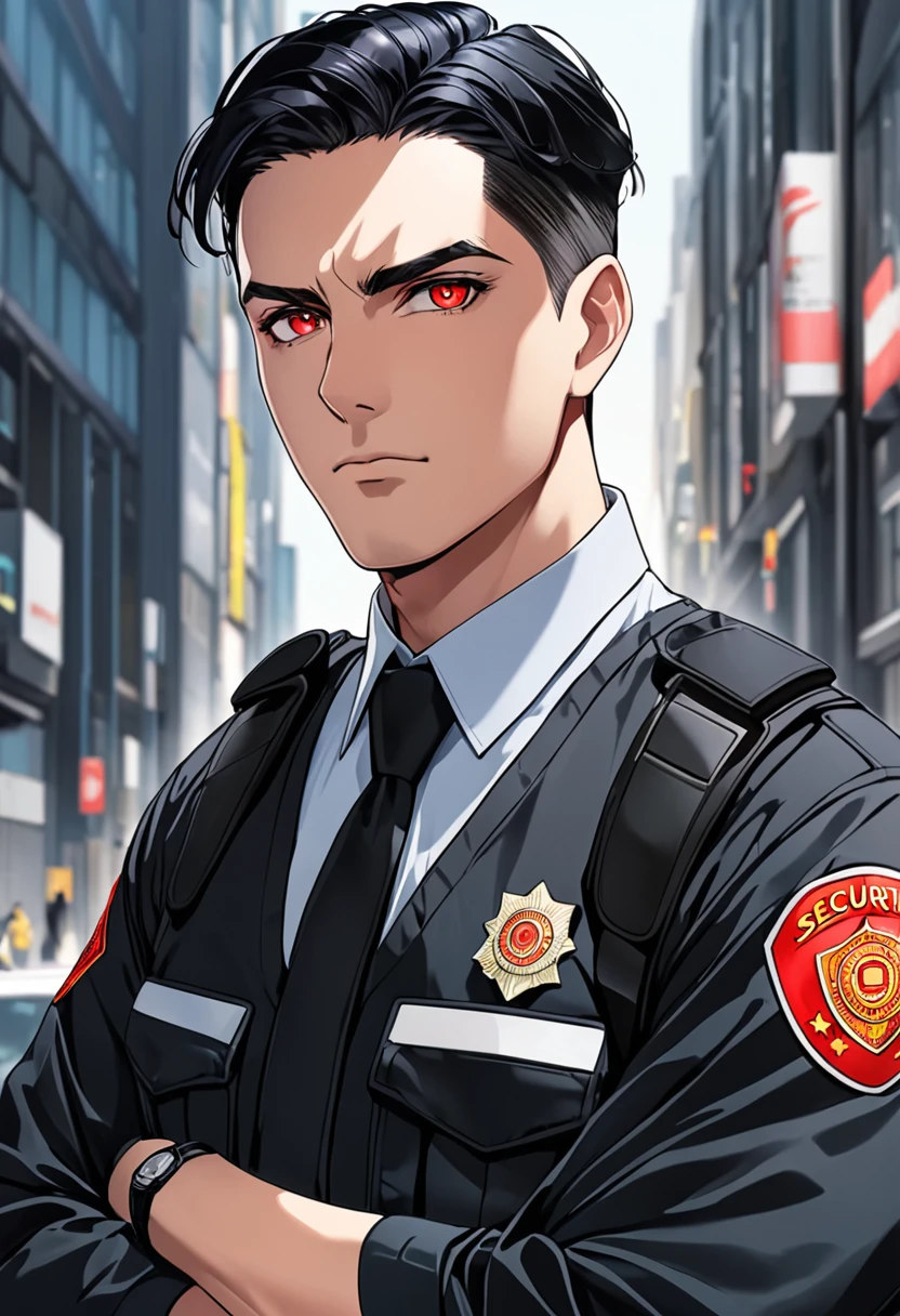 Security guard man with black hair and red eyes