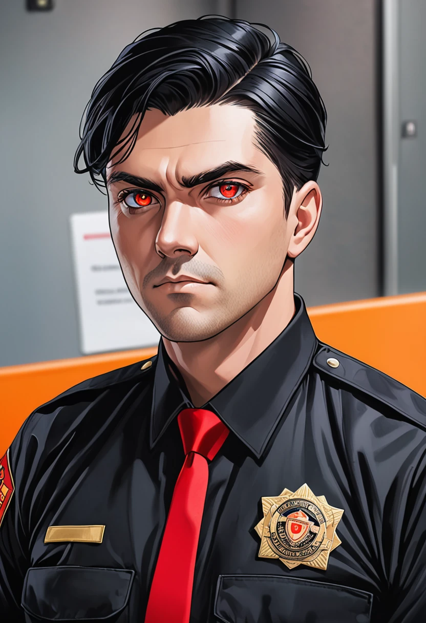 Security guard man with black hair and red eyes