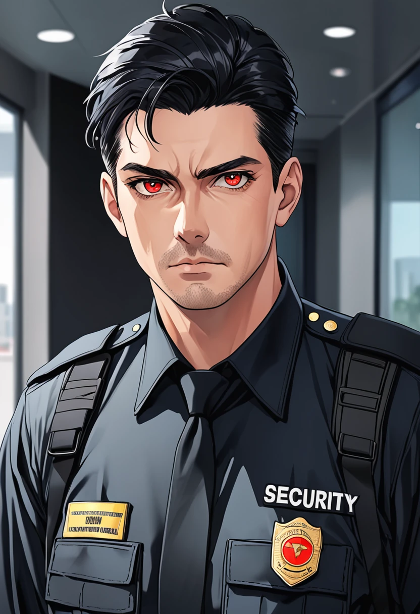 Security guard man with black hair and red eyes 