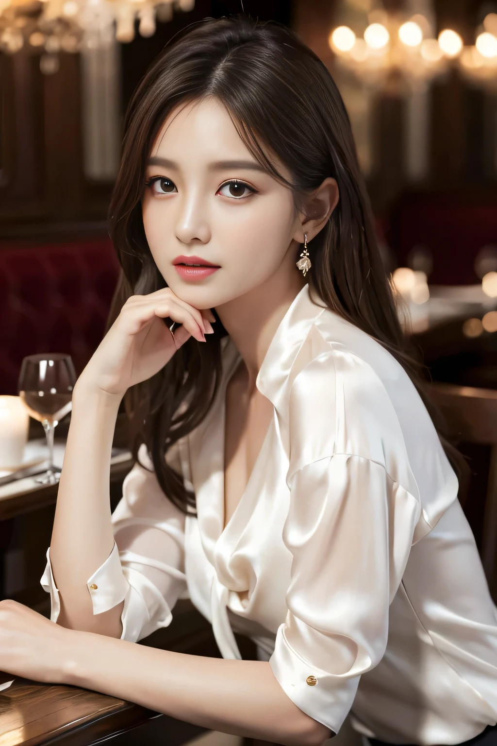 masterpiece, Highest quality, Realistic, Very detailed, Finer details, High resolution, 8k wallpaper, One beautiful woman, Wear an elegant white silk shirt, In a great restaurant, At night, Light brown messy hair, Perfect dynamic composition, Beautiful and beautiful eyes、Big earrings、Sit on a chair、