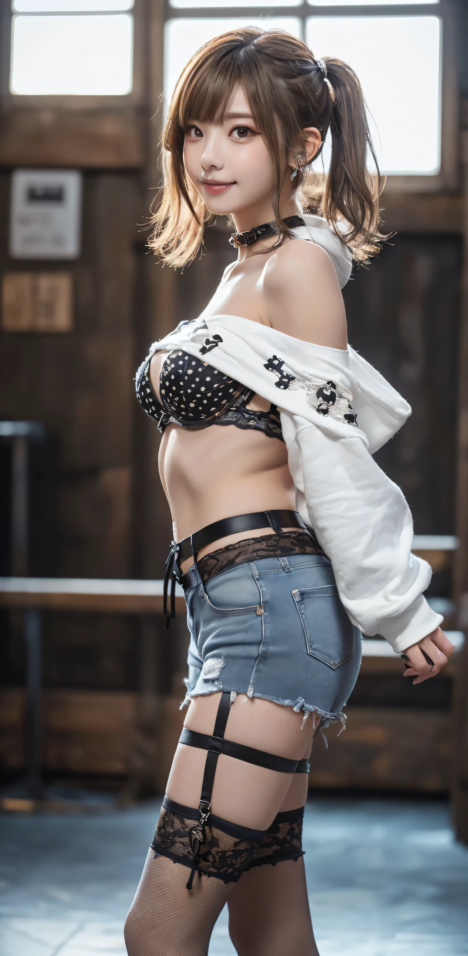 (Full body image:1.3)、(Beautiful lips and nose:1.4)、(Side view:1.1)、(Smiling with teeth showing:1.3), Tattered clothes, (Fashion Model:1.5)、(damage, Dirty, Gothic ta battle uniform with delicate decoration:1.5)、(damage、White off-shoulder hoodie:1.5)、(damage, black, Silver and white shorts:1.4)、(denim garter belt:1.5)、(black and denim knee socks:1.3)、(Skull Silver Accessories:1.5)、(Lace Color:1.3)、(Brown Skin Belt:1.4)、(Brown boots:1.2)、(Polka dots on underwear:1.4)、23 years old、((Highest quality、In 8K、masterpiece:1.3))、Sharp focus:1.2、(Layered Cut、Huge boobs:1.1),Beautiful woman with perfect figure:1.4、(Dance vigorously:1.3)、Slim Abs:1.2、Highly detailed face and skin texture、Fine grain、double eyelid,(Twin tails:1.3)、(Brownish golden hair:1.3)、Idol Sculpture、(The background is a gorgeous dance hall.:1.3)、(The body is slim:1.2),(Slimming your legs:1.4),(clavicle:1.1)