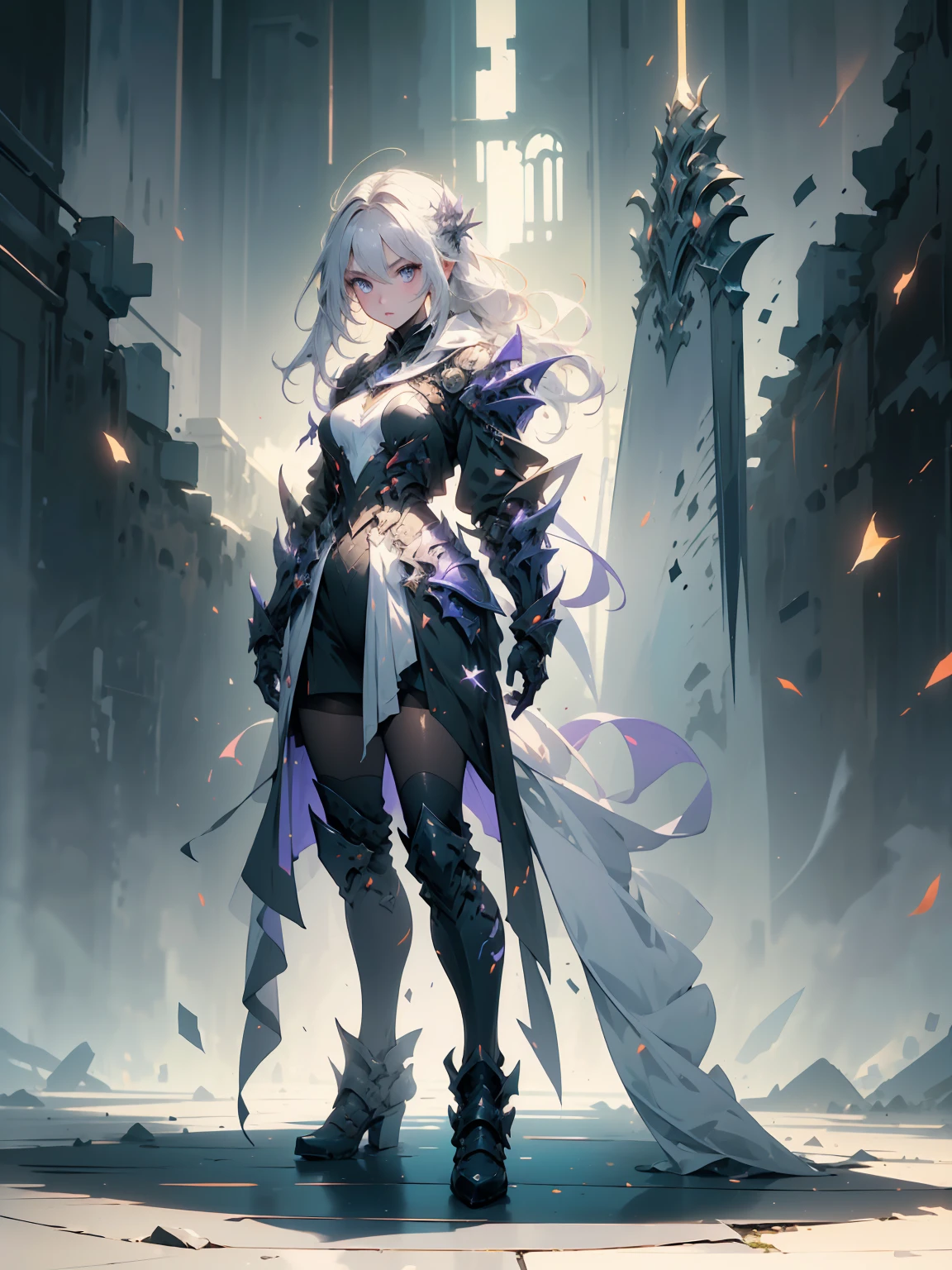 (((masterpiece, best quality, high detailed, 8k))) Design a layout showcase Gaming character, (1girl). Purple|Silver clothes, stylish and unique. ((showcase weapon:1.4)), magical orb. (masterpiece:1.2), (best quality), 4k, ultra-detailed. (Step by step design, layout art:1.5), (luminous lighting, atmospheric lighting). sorceress, ((glove full hands)), (((revealing clothes:1.3))), vambraces, armored legwear, (((full_body_shot:1.4))). {In an enchanted castle}.