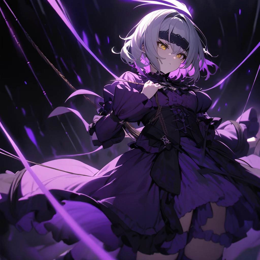 Top quality, masterpiece, doll girl, suspended by threads, ball jointed, A dazzling light illuminates the darkness,silver hair, golden eyes, gothic lolita, purple dress, headband, contrast of light and darkness,Combat Action