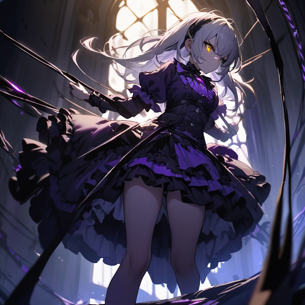 Top quality, masterpiece, doll girl, suspended by threads, ball jointed, A dazzling light illuminates the darkness,silver hair, golden eyes, gothic lolita, purple dress, headband, contrast of light and darkness,Combat Action