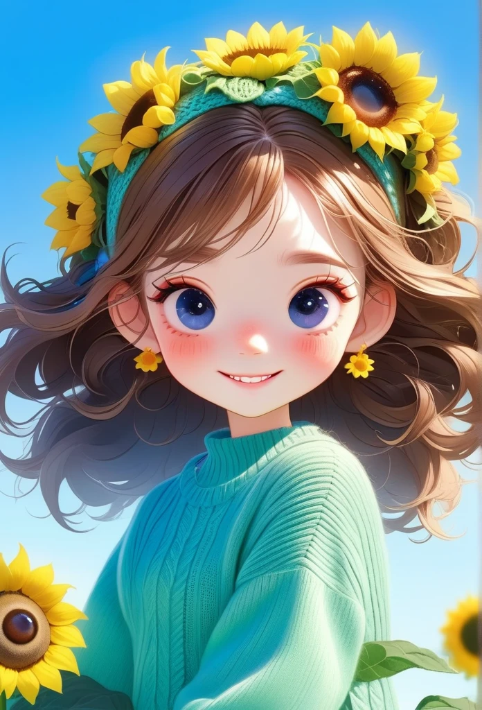 1 Girl (Lovely, Kawaii, Hair Glossy, Knitted Hair, Messy Hair, Sunflower, Accessories, Eye Color Universe, Big Eye, Dynamic Angle: 1.4, Full Body, Dynamic Pose, Delicate Face, Bright Color, Sunflower, Smile),