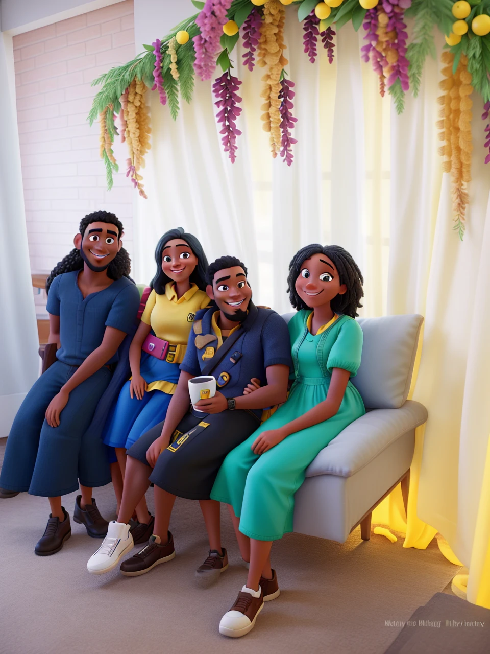 Woman smiling yellow hair, dark man , Bblack hair, with beard smiling, disney pixar style,high qualiy, best qualityer.