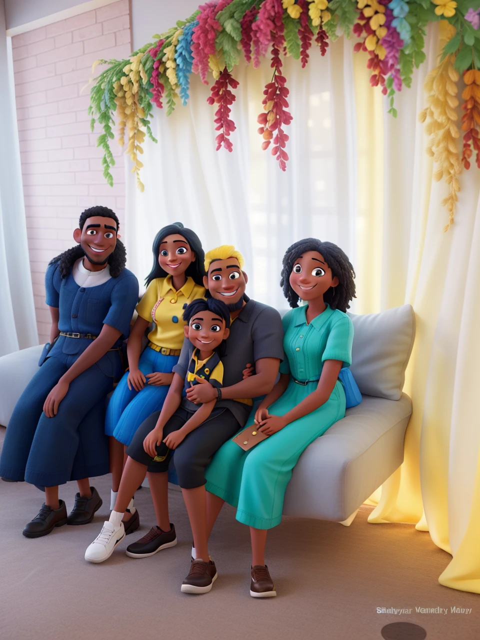 Woman smiling yellow hair, dark man , Bblack hair, with beard smiling, disney pixar style,high qualiy, best qualityer.