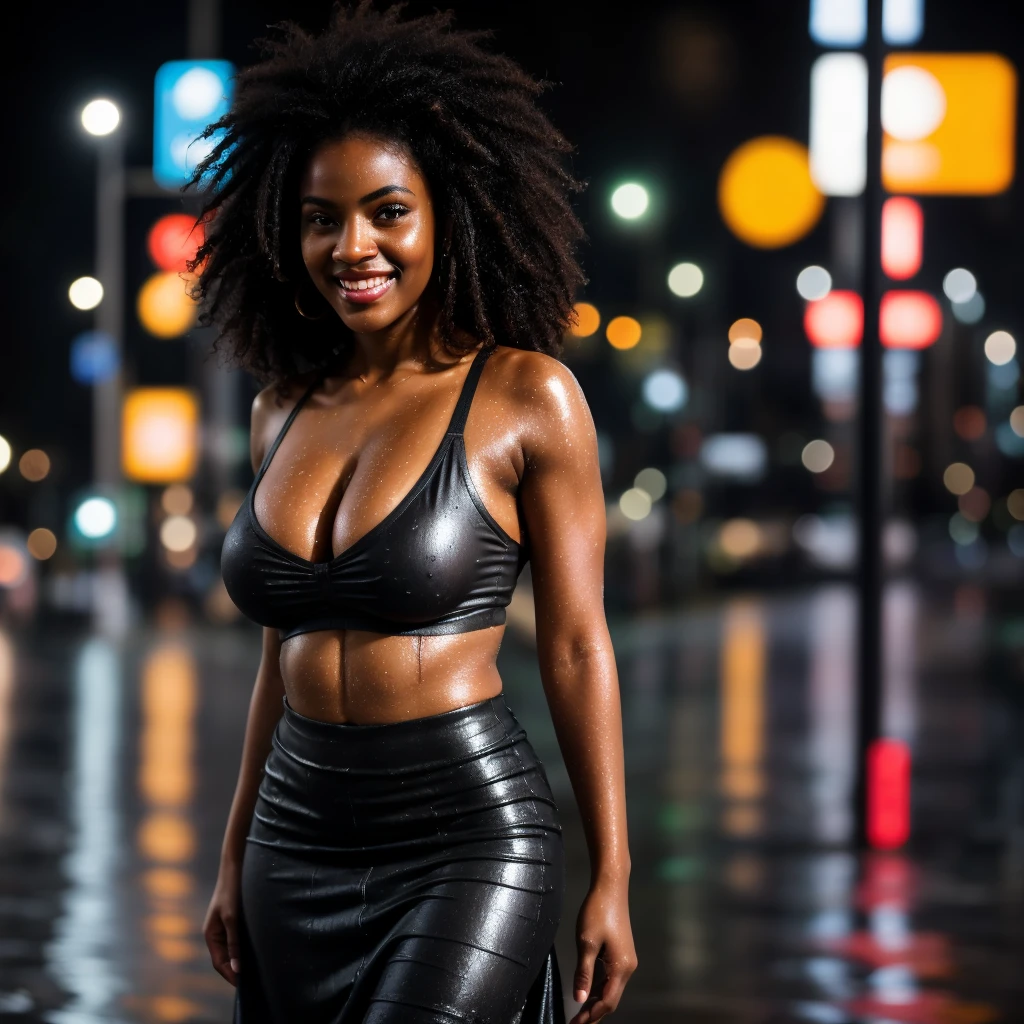 ((ONE GIRL)). best quality, ultra-detailed, hyper realistic, 8k, full body shot, 23 years old, Nigerian beautiful girl, round shaped face, dark black skin, highly detailed skin with blemishes, ebony, dark natural afro hair, fit athletic figure, full body, big natural E cup breasts, big butt, wide hips, under the rain, wearing a sexy wet T-shirt, loose long skirt, cleavage, wet skin, smiling, in the city streets at night, city lights as background