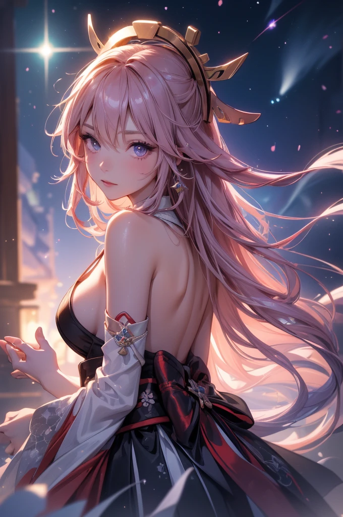 ((yaemikodef)):1.5, ((masterpiece,Highest quality,Highly detailed images,Beautiful images、Dutch Angle)), (Close-up image of yaemiko、Overall dim lighting、Backlight、Strong backlighting、Fantastic dark atmosphere、Thick Fog、Dust flutters),(Dynamic pose)1.2, sideboob、((from front;1.5)), (Beautiful starry sky、White Nights、shooting star)