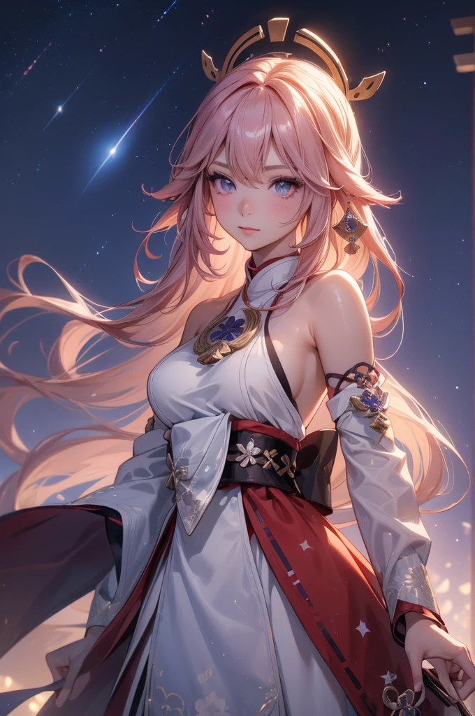 ((yaemikodef)):1.5, ((masterpiece,Highest quality,Highly detailed images,Beautiful images、Dutch Angle)), (Close-up image of yaemiko、Overall dim lighting、Backlight、Strong backlighting、Fantastic dark atmosphere、Thick Fog、Dust flutters),(Dynamic pose)1.2, sideboob、((from front;1.5)), (Beautiful starry sky、White Nights、shooting star)