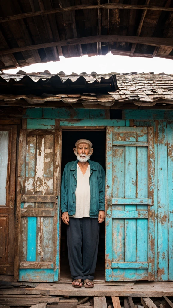 "Old man in a dilapidated wooden house, looking melancholic"