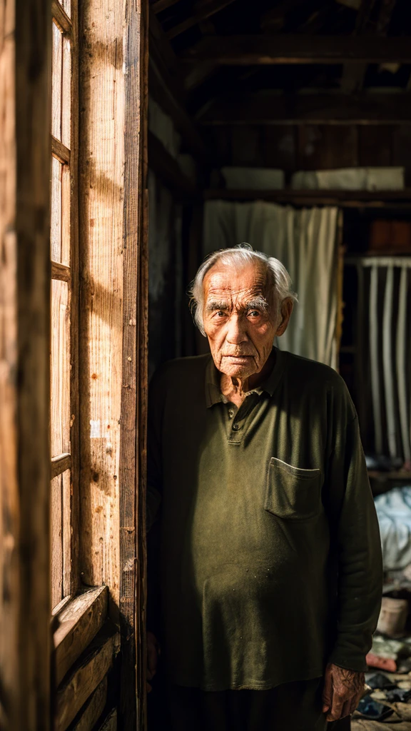 "Old man in a dilapidated wooden house, looking melancholic"