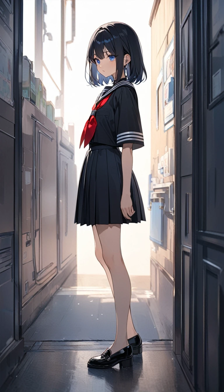(Highest qualityのイラスト:1.2), (cute女の子:1.1), (1 girl、、Highest qualityのイラスト:1.2), (1 girl、Kind eyes、blue eyes:1.2)、Black Hair、Semi-long hair、(Highest quality、Very detailed、cute、Ultra-high resolution) 、High School Uniform{Black Sailor Suit、Red neckerchief、Long sleeve、Black pleated skirt)、Stylish, from side, whole body