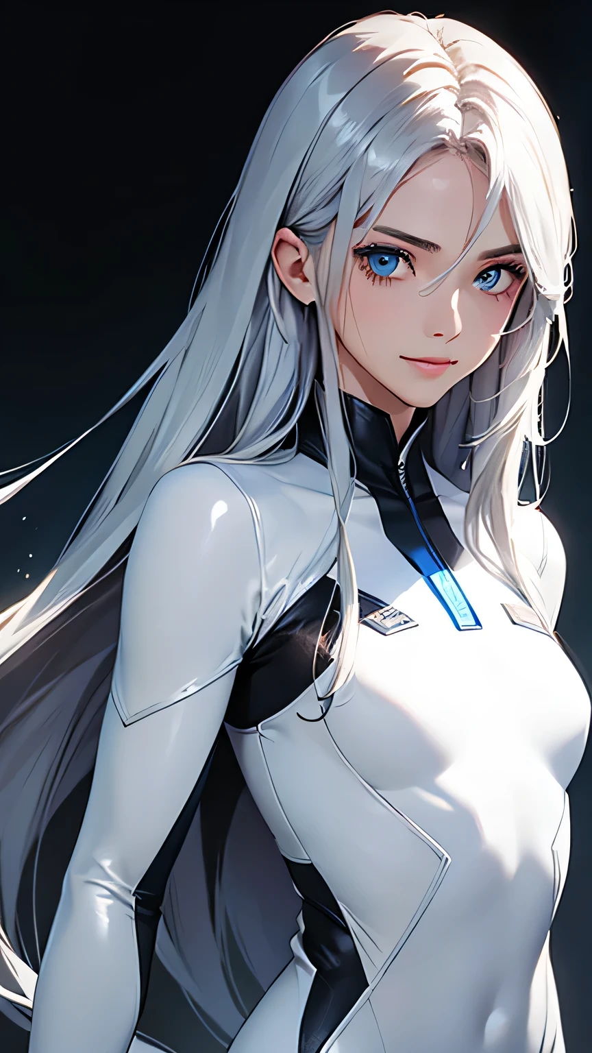 highest quality、Realistic、zoom、girl、Silver Hair、Light blue eyes、Long Straight Hair、Hero Suit、White bodysuit、Brown Skin、Black body、Dark skin、Black、slender、Sweat、smile、