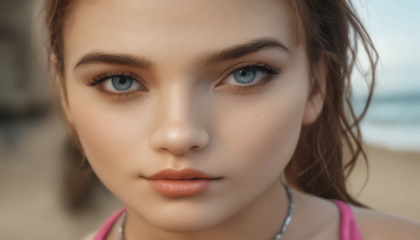 there is a woman in a pink bikini posing on a beach with a choke and a choke necklace, soft portrait shot 8 k, realistic digital art 4 k, realistic digital art 4k, photorealistic render, 8k portrait render, glossy digital painting, 8 k realistic digital art, sultry digital painting, photorealistic artstyle, photorealistic beautiful face, realistic artstyle, realistic digital painting