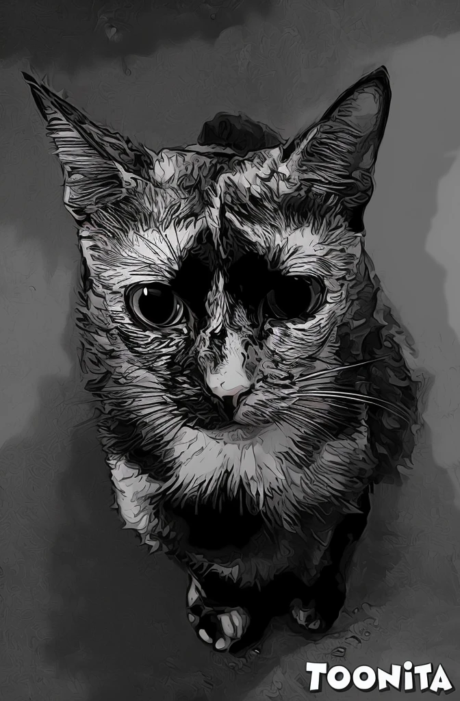 there is a black and white photo of a cat with a sad look, cat. digital painting, cat detailed, digital art animal photo, cat portrait, drawn with photoshop, furry digital art, cat from the void, dark but detailed digital art, ink and screentone, portrait of a cat, black and white vector art, hyper contrast well drawn