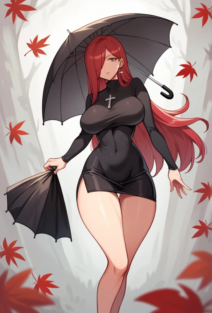 Parasoul, mature woman, long legs,sexy ,short little dress,coto vaste dress,tiny dress ,long tight sleeves, ultra black dress ,semi-exposed thighs ,medium hips, very big breasts, inverted cross figure on the chest, holding an umbrella in hand, big black umbrella, red leaves, one eye covered, Red hair, 