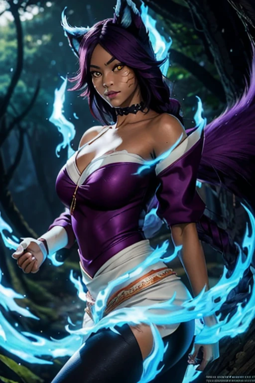 (best quality:1.3), (4K quality),masterpiece, best quality, high res, detailed, (Detailed face:1.2), (Detailed eyes:1.2), (Perfect figure:1.2), Fantasy style, Fantasy environment, 1girl, solo, (merge Ahri with Yoruichi Shihoin), (Kitsune:1.2), dynamic pose, long purple hair, bright yellow eyes, purple eyeshadow, red lipstick, dark skin, dark-skinned female, purple fox tail, multiple tails, braid, orange Korean kimono, off shoulder top, cleavage, waist short skirt, black leggings, medium breast, forest background, detailed background, perfect hands, blue fire, blue flame magic, hands generating blue flame magic,