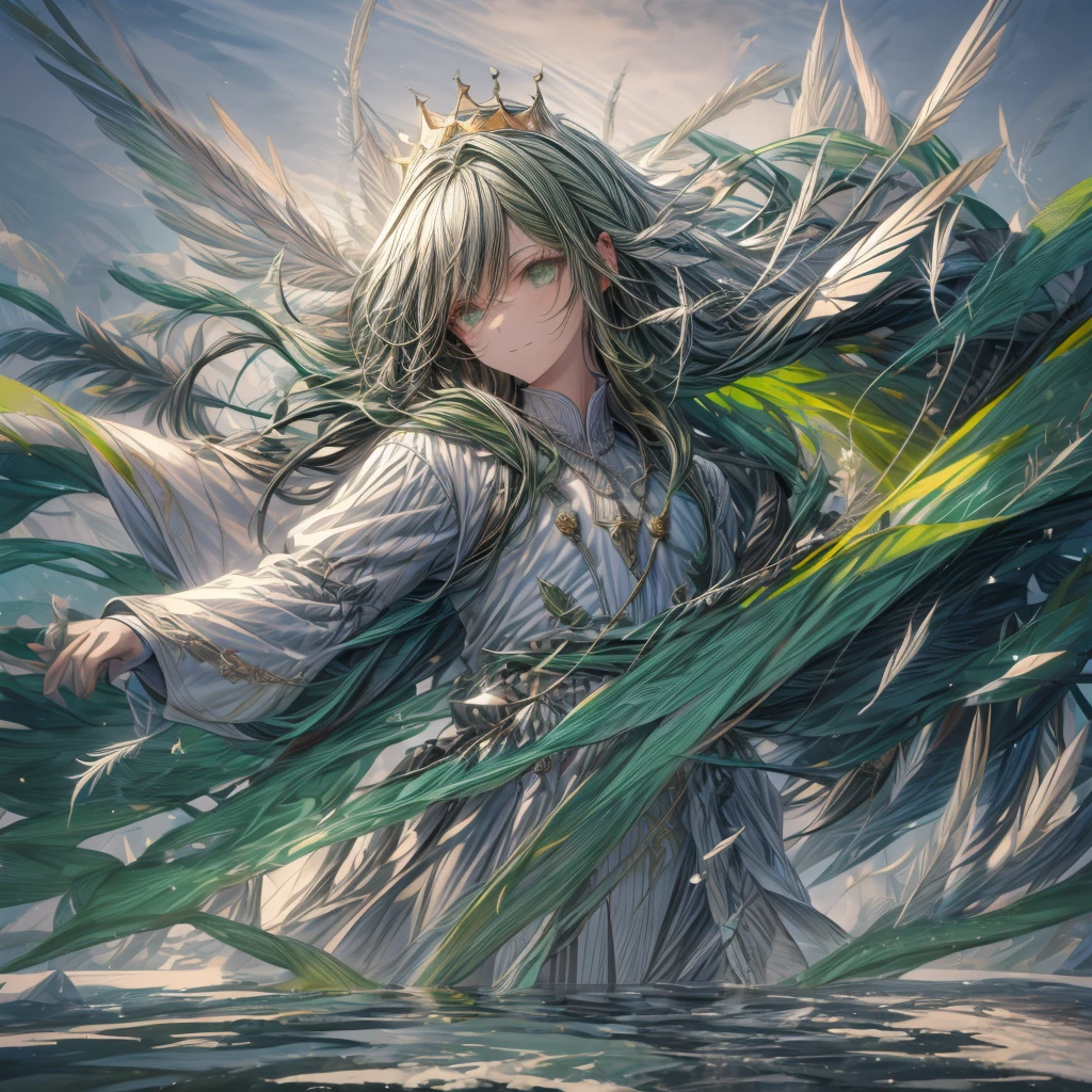 ((top-quality)), ((​masterpiece)), ((Ultra-detail)), (extremely delicate and beautiful), man with bob hair, solo, cold attitude,((king costume)),he is very(relax)with  the(Settled down)Looks,A black-haired, depth of fields,evil smile, feather, under the water, wings,bright light green eyes,Inner color with dark hair and light dark tips,Cold background, shortest Hair - Linear Art, pants、White uniform like 、Light、Clothes are sheer 、elegant pose