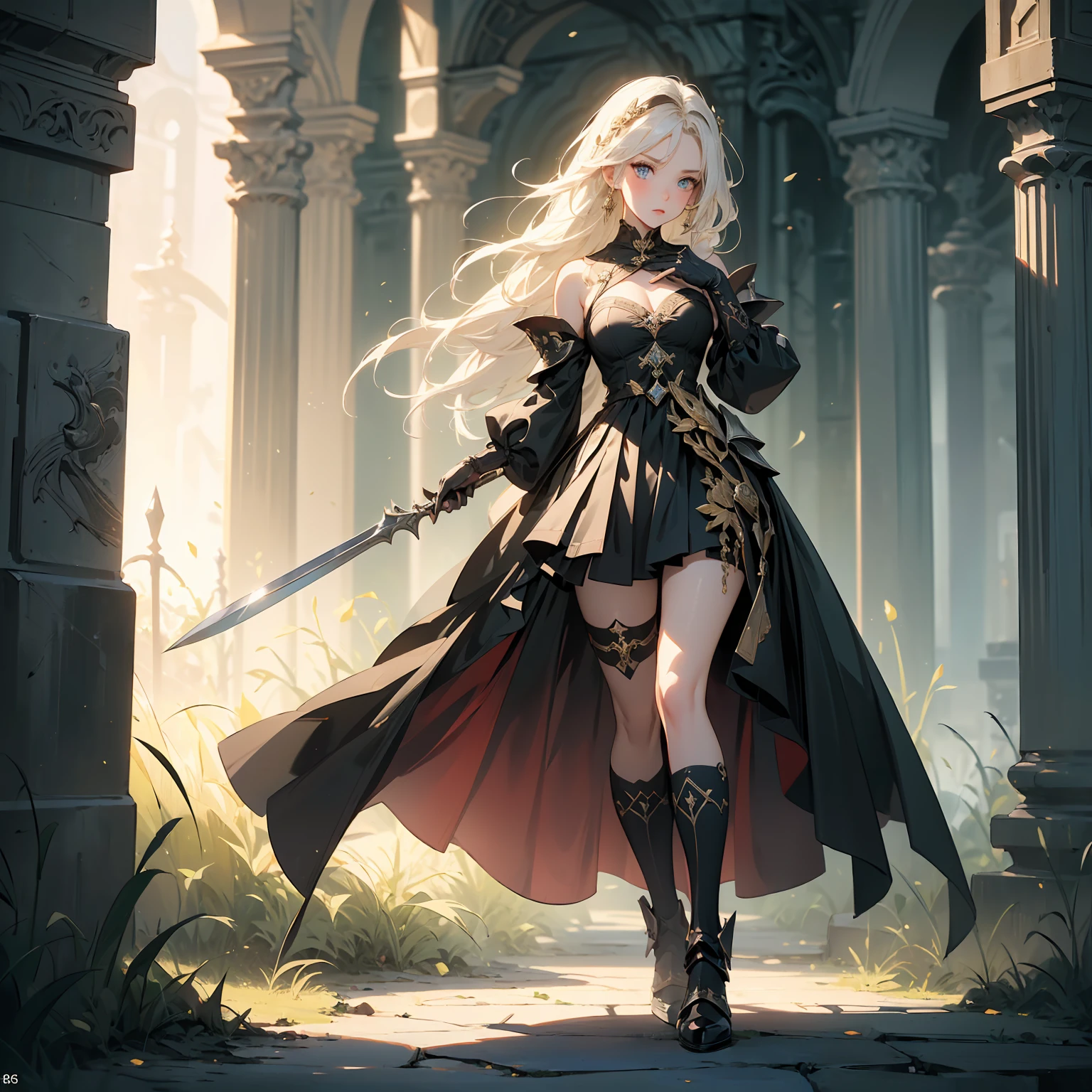 (((masterpiece, best quality, high detailed, 8k))) Design a layout showcase Gaming character, (1girl). Black|Gold clothes, stylish and unique. ((showcase weapon:1.4)), dark scythe. (masterpiece:1.2), (best quality), 4k, ultra-detailed. (Step by step design, layout art:1.5), (luminous lighting, atmospheric lighting). necromancer, ((glove full hands)), (((revealing clothes:1.3))), vambraces, armored legwear, (((full_body_shot:1.4))). {In a haunted graveyard}.