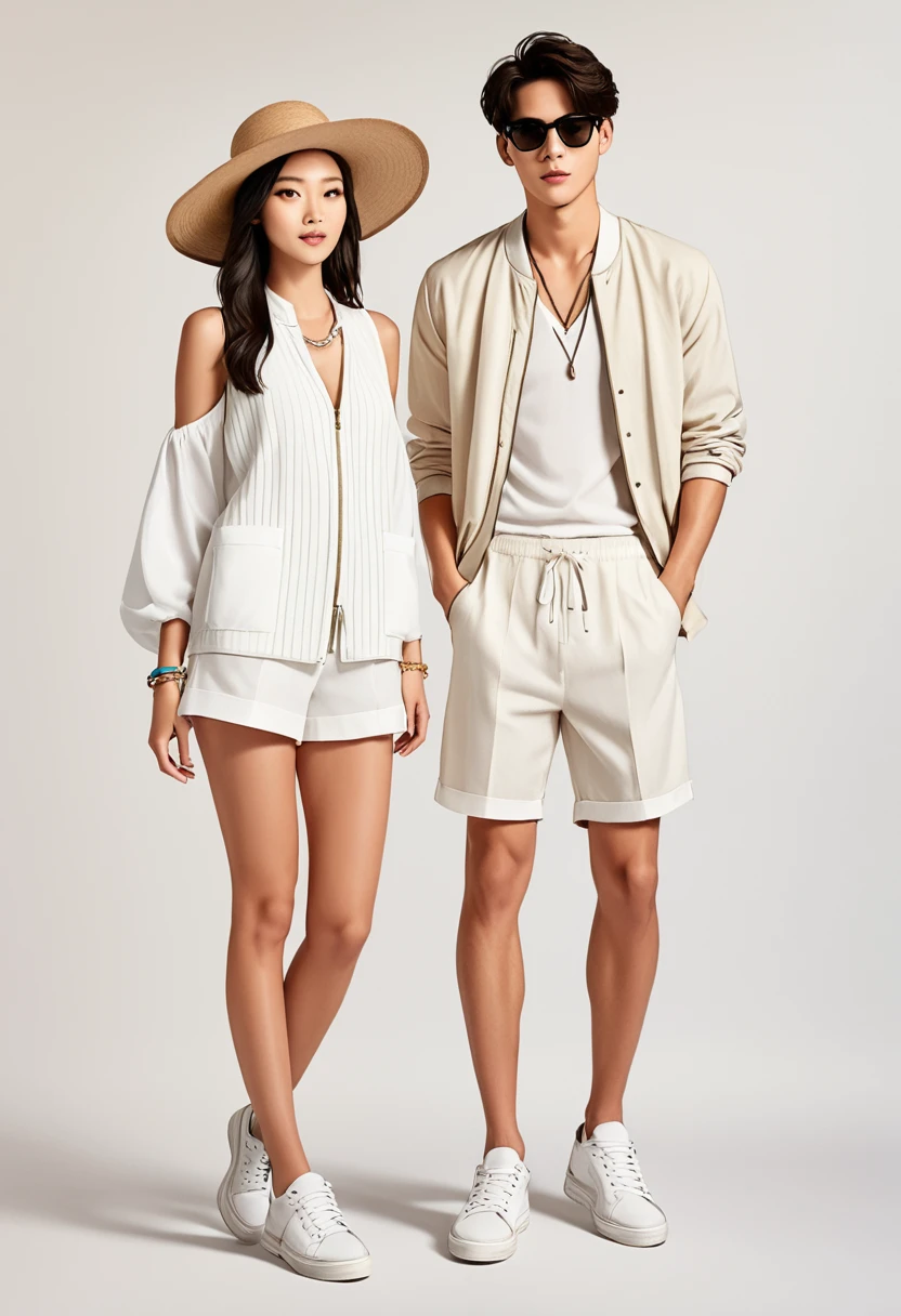 candid fashion illustration of young Asian man and woman, both aged 20 year old, ((showcase fashion look book in a White rayon outfits)), inspired by Zara's resort collection in elegant young bohemian style. The man wears Lightweight bomber jacket in woven fabric with a ribbed stand-up collar and zip down the front. Side pockets with a concealed press-stud, and an inner pocket with a press-stud. Wide ribbing at the cuffs and hem, paired with white Shorts in airy linen with covered elastication and a concealed drawstring at the waist, a fake fly, side pockets and a welt back pocket. Regular fit for comfortable wear and a classic silhouette. Fabric made from linen is breathable, beautiful both ironed and wrinkled, and softens over time. He completes his look with white sneakers, sunglasses and bracelet. The woman complements him in a white Long, sleeveless dress in crêpe chiffon with a deep, flounce-trimmed V-neckline and flounces over the shoulders, down the front and back, Her ensemble includes an accessorizes with a wide-brimmed straw hat, white sneakers and necklace. Captured in a dynamic angle, ((full-body image)), ((blank eath tone background)), sketching, realistic pencil lines, imperfect drawing, fading sketch, fashion look book, fashion illustrator, sketch design,