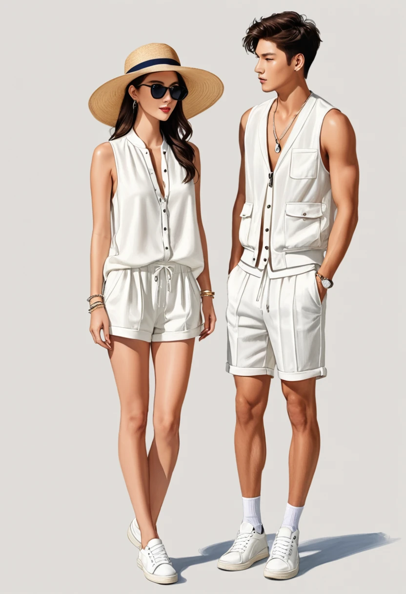 candid fashion illustration of young Asian man and woman, both aged 20 year old, ((showcase fashion look book in a White rayon outfits)), inspired by Zara's resort collection in elegant young bohemian style. The man wears Lightweight bomber jacket in woven fabric with a ribbed stand-up collar and zip down the front. Side pockets with a concealed press-stud, and an inner pocket with a press-stud. Wide ribbing at the cuffs and hem, paired with white Shorts in airy linen with covered elastication and a concealed drawstring at the waist, a fake fly, side pockets and a welt back pocket. Regular fit for comfortable wear and a classic silhouette. Fabric made from linen is breathable, beautiful both ironed and wrinkled, and softens over time. He completes his look with white sneakers, sunglasses and bracelet. The woman complements him in a white Long, sleeveless dress in crêpe chiffon with a deep, flounce-trimmed V-neckline and flounces over the shoulders, down the front and back, Her ensemble includes an accessorizes with a wide-brimmed straw hat, white sneakers and necklace. Captured in a dynamic angle, ((full-body image)), ((blank eath tone background)), sketching, realistic pencil lines, imperfect drawing, fading sketch, fashion look book, fashion illustrator, sketch design,